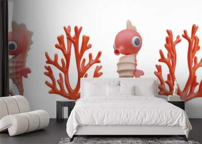 Collection with seahorse and red coral in different positions. Realistic animals and plants for computer games. Vector illustration in 3d style with white background Wall mural