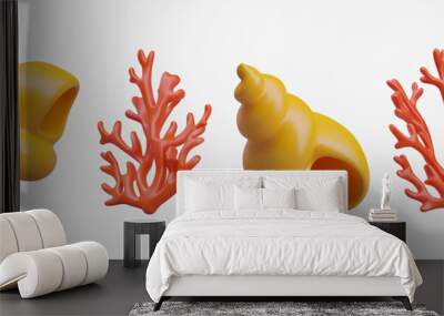 Composition with yellow twisted shell and red coral in different positions. Decorative sea attributes. Vector illustration in 3d style on white background Wall mural