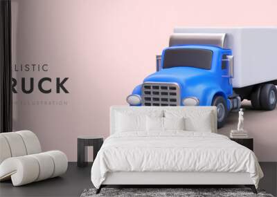 Realistic truck with blue cab. Cargo transportation services. Intercity delivery. Horizontal banner with space for advertising text. Color flyer template Wall mural