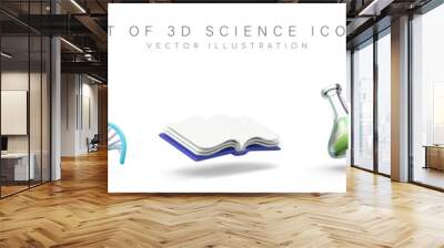 Set of 3D science icons on white background. Isolated color image with shadows. Realistic microscope, DNA double helix, open book, beaker, rocket. Illustrations for web design Wall mural