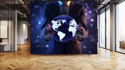 Businessman holding Global network connection. Big data analytics and business intelligence concept. World map point and line composition concept of global business. Wall mural