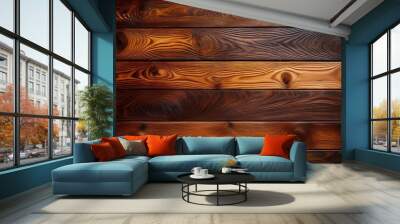 Close-Up of Burnt Wood Planks with Rich Natural Grain and Deep Tones, Featuring Textured Patterns and Contrasting Shades of Golden Brown, Caramel, and Charcoal for Rustic or Modern Interior Design Wall mural