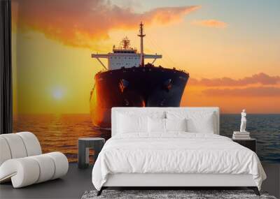 Cargo Ship at Sunset on Serene Ocean Water Wall mural