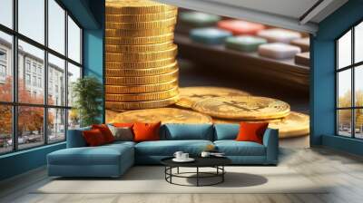 Financial Planning with Gold Coins and Calculator - Investment Calculation 3D Render with Copy Space Wall mural