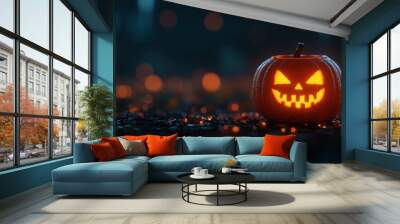 Glowing Jack-o'-lantern in Futuristic Virtual Space with Copy Space, Selective Focus on Foreground - Ultra HD sci-fi Halloween Concept Wall mural