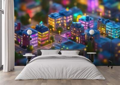 Illuminated Cityscape: Isometric View of a Bustling Urban Nightlife Scene Wall mural