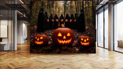 Mystical Hooded Figures Conducting Illuminated Jackolantern Ceremony in Enchanted Forest Clearing - Ultra HD Wall mural