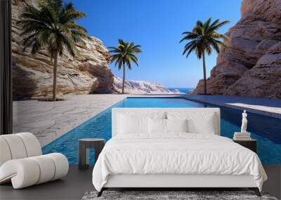 Serene Pool Oasis Amidst Rocky Cliffs and Palm Trees Wall mural