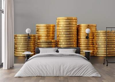 Sparkling Gold Coins in Varying Stacks - 3D Illustration with Copy Space, Selective Focus in Ultra HD Wall mural