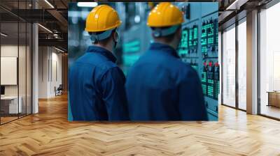 Two Workers Monitoring Control Panels in Factory Wall mural