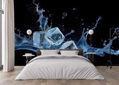 Ice Cubes Splashing into Clear Water with Droplets in Motion Captured Mid-Air Against a Dark Background, Creating a Refreshing, High Energy Moment of Liquid Dynamics and Frozen Elements Wall mural