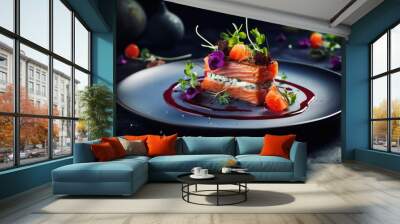 InstaFood Artistic Plating - A gourmet dish plated with precision - vibrant colors and textures - AI Generated Wall mural