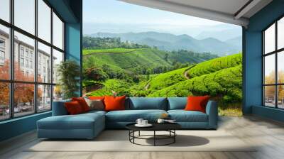 Panoramic view of the tea plantation in the hills of Munnar, some of the most elevated tea plantations in the world, Kerala, India Wall mural