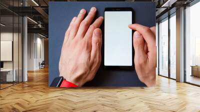 A male hand holds a smartphone, points a finger, types. Communication on a smartphone, correspondence. Place for text. Smartphone in hand on a gray  background. Wall mural