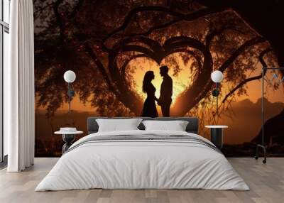 Silhouette of a couple under a heart-shaped tree Wall mural