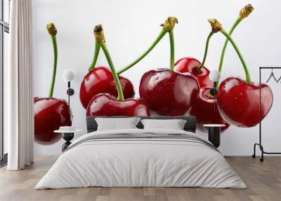 Vibrant Cluster of Glossy Red Cherries with Long Green Stems Against a Clean White Background, Showcasing Their Freshness and Rich Color Under Soft, Natural Lighting Wall mural