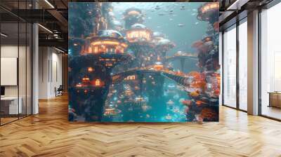 3D illustration of an underwater city bioluminescent corals Wall mural