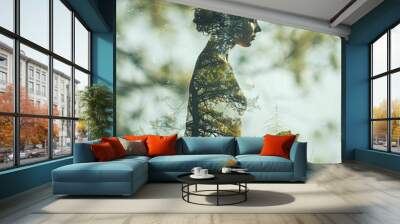 Double exposure of a peaceful woman meditating with overlapping nature elements, symbolizing the harmony between human and nature. Wall mural