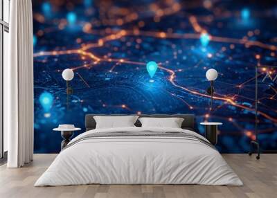 Futuristic map with location pins and glowing network Wall mural