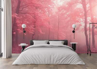 Mystical pink forest with sun rays and foggy background Wall mural