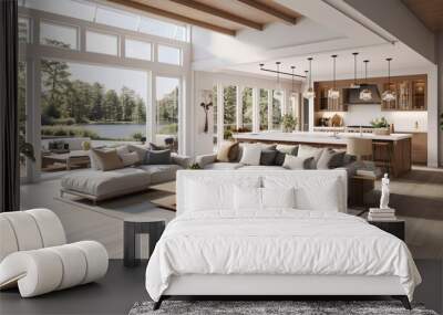 Modern and simple white luxury interior and lake view. Generative AI Wall mural