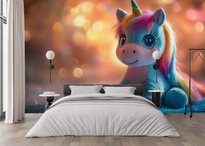 Adorable plush unicorn toy with colorful mane and sparkly background Wall mural