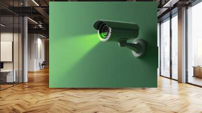 AI-enhanced security camera with cloud storage, compact and discreet, mounted on a wall, softly glowing green Wall mural