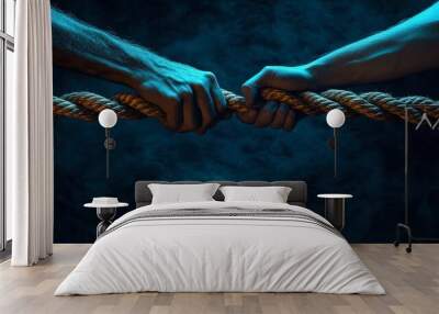 Hands gripping a rope, teamwork in action, high contrast light Wall mural