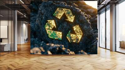 Illuminated recycling symbol on a rocky surface during sunset Wall mural