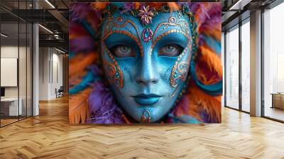 Mardi Gras Mask: Blue, Purple, and Orange Face Paint Generative AI Wall mural