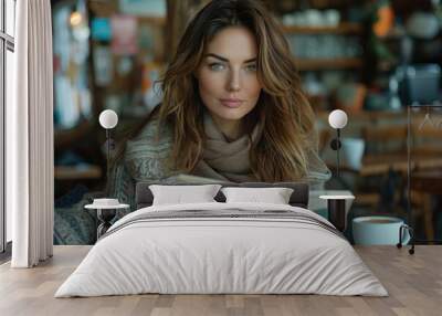 A successful businesswoman enjoys a moment of relaxation in a cozy coffee shop, sipping a latte while reading a motivational book, demonstrating the importance of finding balance in both work and life Wall mural