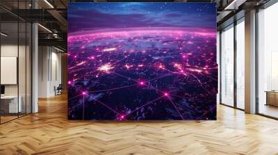 An artist's impression of a quantum internet, showing a network of interconnected quantum computers spanning the globe with light trails Wall mural