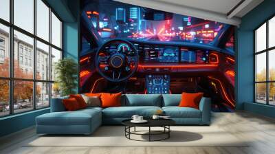 autonomous futuristic car dashboard concept with HUD and hologram screens and infotainment system as wide banner
 Wall mural