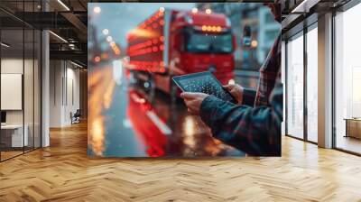 Double exposure of a businessman holding a tablet and cargo ship on river, truck on a highway with a global network connection for business transportation and logistics inspiration in the background Wall mural