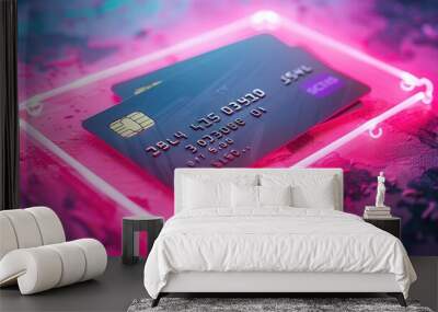 two credit cards on a neon billboard. internet shopping theme Wall mural