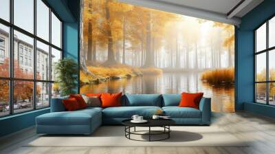 Serene autumn forest with golden leaves reflected in tranquil water Wall mural