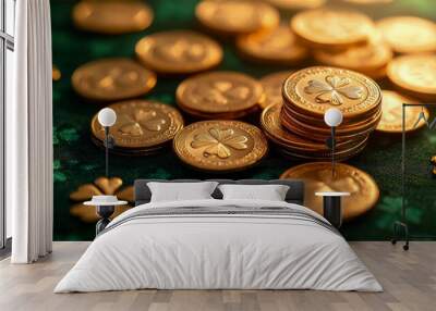 St. Patrickâ€™s Day gold coins, scattered on a green tablecloth, clover decorations around, soft indoor light Wall mural