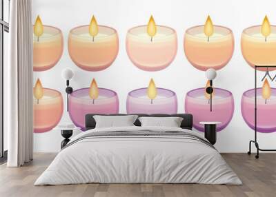 Ten colorful candles with glowing flames in decorative round holders Wall mural