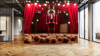 Wooden nutcracker, standing tall, surrounded by walnuts, spotlight on stage Wall mural