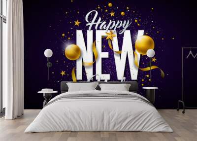 2019 Happy New Year illustration with typography lettering and Christmas ball on dark background. Holiday design for flyer, greeting card, banner, celebration poster, party invitation or calendar. Wall mural