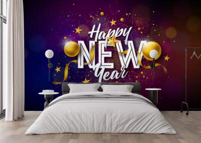 2023 Happy New Year Illustration with Typography Lettering and Gold Christmas Ball on Shiny Background. Vector Holiday Celebration Design for Flyer, Greeting Card, Banner, Poster, Party Invitation or Wall mural