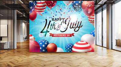 4th of July Independence Day of the USA Vector Illustration. Fourth of July American National Celebration Design with Colorful Air Balloon and Typography Letter on Falling Confetti Background for Wall mural