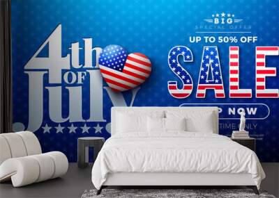 4th of July Independence Day Sale Banner Design with American Flag Heart Symbol and Typography Lettering on Blue Background. Fourth of July USA National Holiday Vector Illustration with Special Offer Wall mural