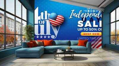 4th of July Independence Day Sale Banner Design with American Flag Heart Symbol and Typography Lettering on Blue Background. Fourth of July USA National Holiday Vector Illustration with Special Offer Wall mural