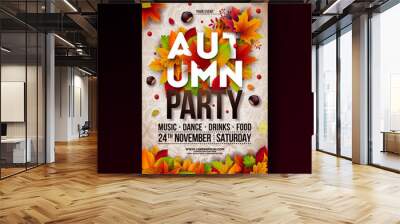 Autumn Party Flyer Illustration with falling leaves and typography design on doodle pattern background. Vector Autumnal Fall Festival Design for Invitation or Holiday Celebration Poster. Wall mural