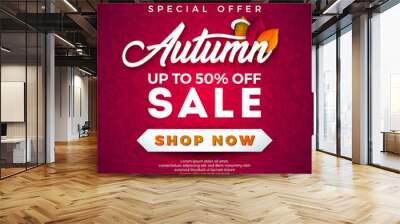 Autumn Sale Design with Falling Leaves and Lettering on Red Background. Autumnal Vector Illustration with Special Offer Typography Elements for Coupon, Voucher, Banner, Flyer, Promotional Poster or Wall mural