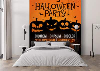 Halloween Party flyer vector illustration with scary faced pumpkins on orange background. Holiday design template with cemetery and flying bats for party invitation, greeting card, banner or Wall mural