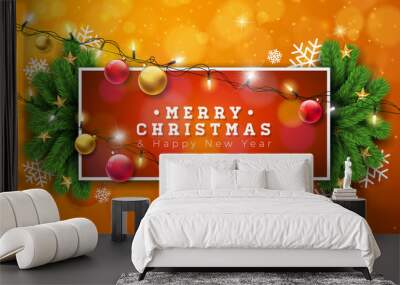 Merry Christmas Illustration on Orange Background with Typography and Holiday Light Garland, Pine Branch, Snowflakes and Ornamental Ball. Vector Happy New Year Design. Wall mural