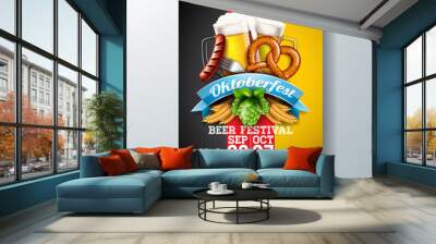 Oktoberfest party poster illustration with fresh lager beer, pretzel, sausage and wheat on German national flag background. Vector celebration flyer template for traditional German beer festival. Wall mural