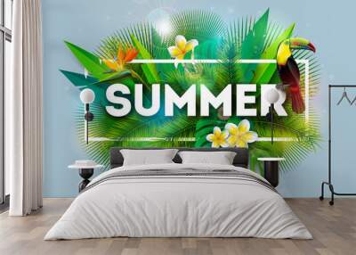 Summer Holiday Illustration with Flower and Toucan Bird on Blue Background. Vector Tropical Holiday Design with Exotic Palm Leaves and Phylodendron for Banner, Flyer, Invitation, Brochure, Poster or Wall mural